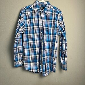 Jos A Bank Traveler Blue Plaid Button Down Shirt Mens Medium Tailored Fit Cotton